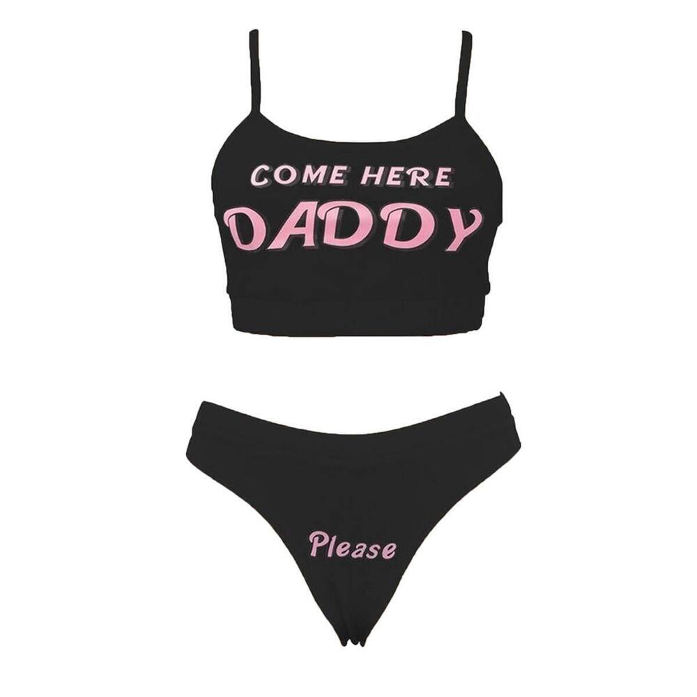 9318 Sexy Come Here Daddy Please Print Strappy Lingerie Set 2PCS See Tank